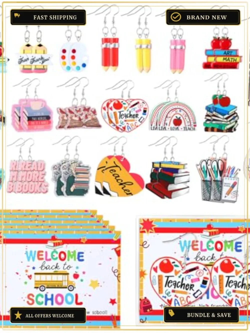 Back to School Teacher Earrings for Women, 21 Pairs Acrylic Wood Resin Studs &